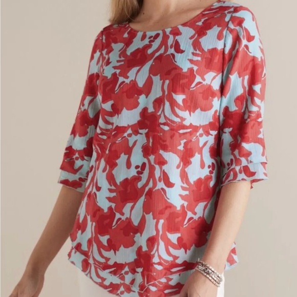 Soft Surroundings Siesta Key Tunic Top Double Layered Lettuce Hem Red Blue Sz L - Picture 1 of 5